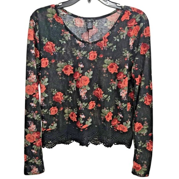 Rue 21 Floral Pullover Women's M Semi Sheer Black Long Sleeve Crochet Trim - Picture 1 of 5